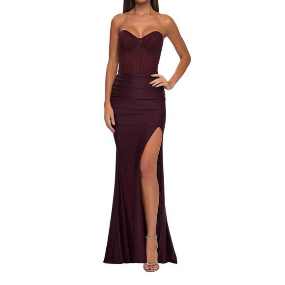 NEW LA FEMME long jersey corset top prom dress in dark wine -  www.greenwatershopping.com